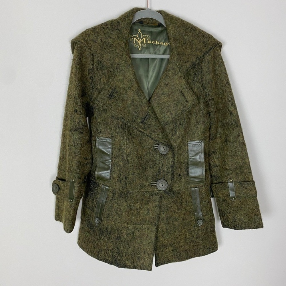 Vintage Mackage Coat Peacoat Women Small Green Wool Mohair Cashmere Leather Trim
